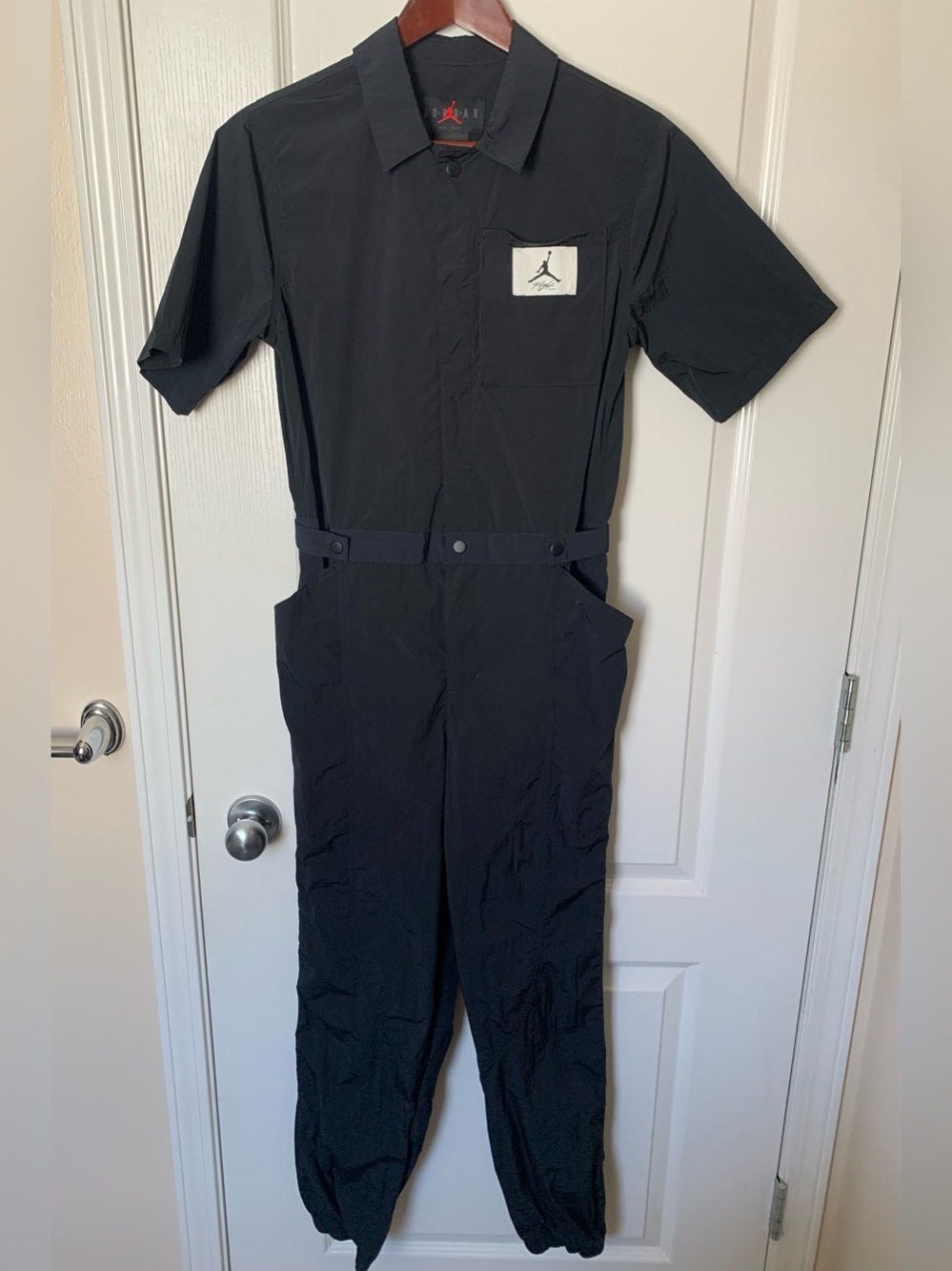Jordan Black Short-Sleeve Utility Jumpsuit with Logo Patch